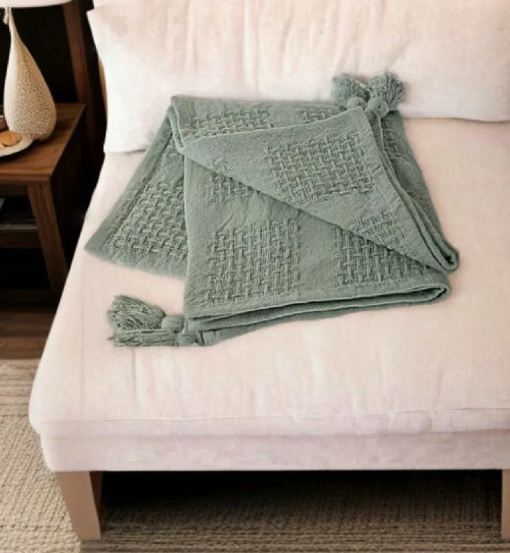 50" X 60" Green Woven Cotton Throw Blanket with Tassels