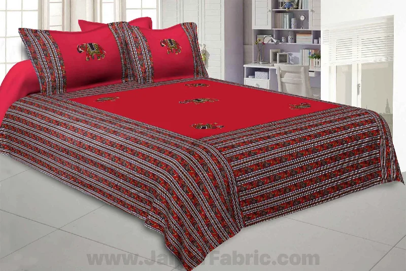 Applique Red Elephant Jaipuri  Hand Made Embroidery Patch Work Double Bedsheet