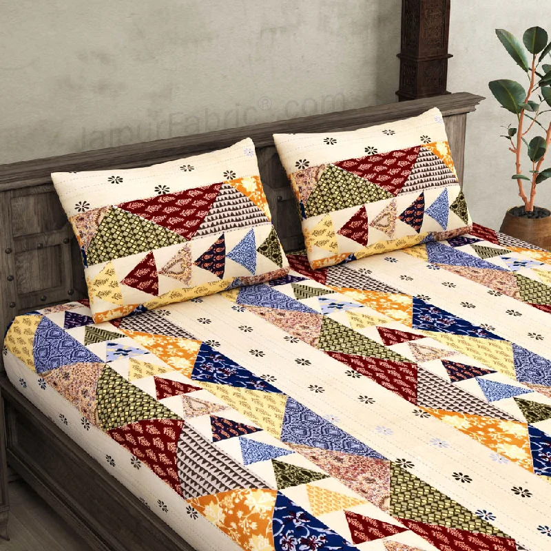 Barmeri Pastel Twill Cotton  Double Bedsheet With Colorful Patchwork Design