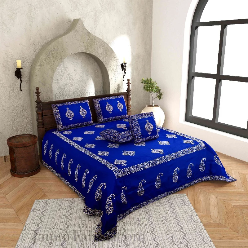 Blue Base Khadi Golden Printed Hand Block Work Silk Double Bed Sheet