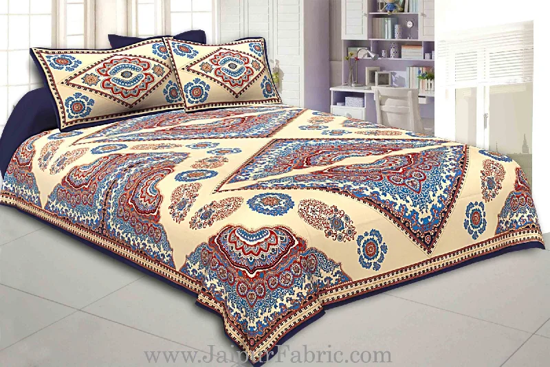 Blue Border Multi Big Boota Golden Boota Fine Cotton Double Bedsheet With Two Pillow