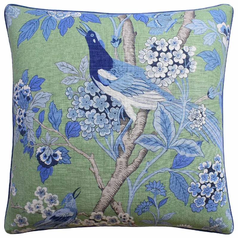 Blue Hydrangea and Bird Square Throw Pillow