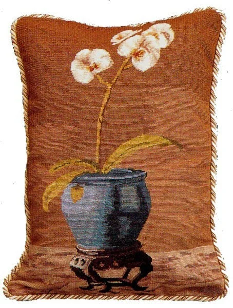 Blue Pot Orchid - 18" x 14" needlepoint pillow