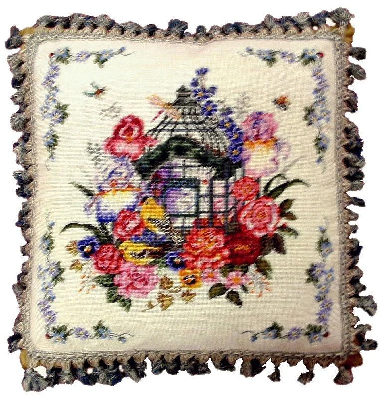 Bouquet and Bird Cage - 19 x 19" needlepoint pillow