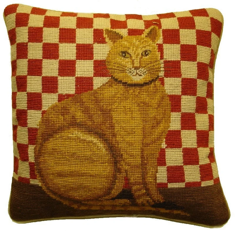 Brown Cat Red Checks - 15" x 15" needlepoint pillow