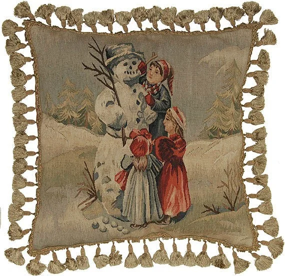 Children and Snowman - 20" x 20" Aubusson pillow