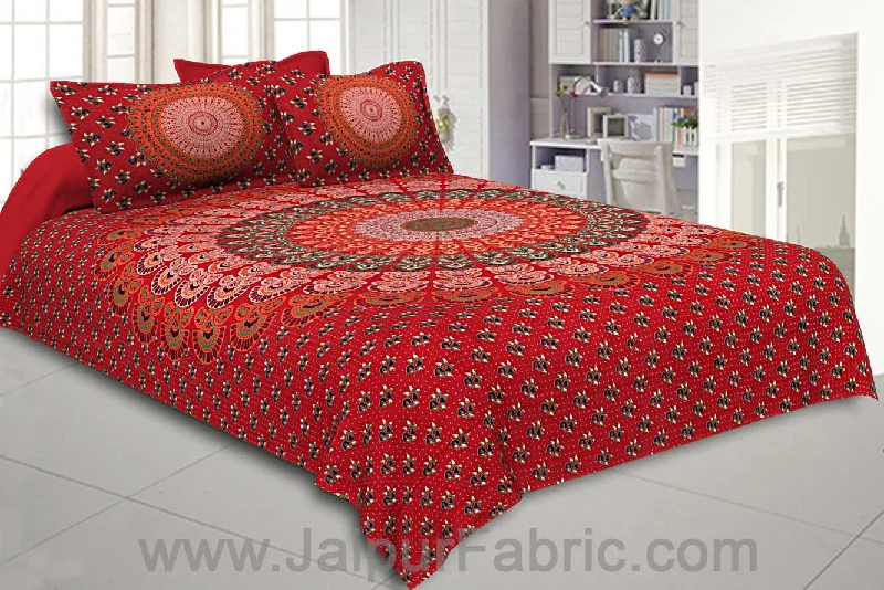 Chilli Red Mandala Bedsheet Tapestry Floral Print With 2 Pillow Covers