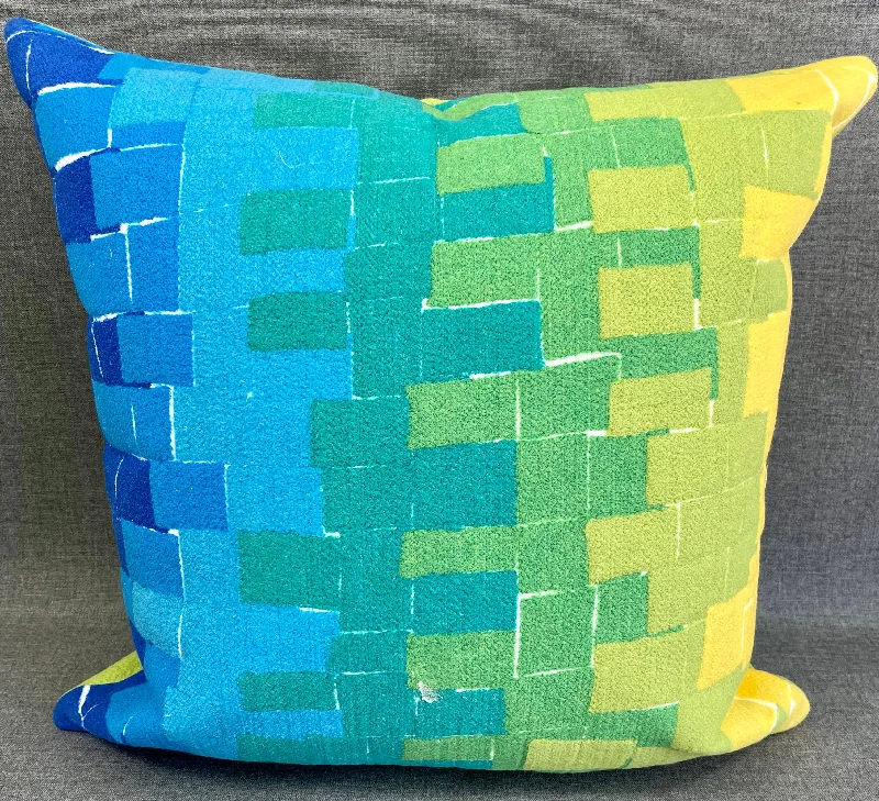 Luxury Outdoor Pillow - 18" x 18" - Building Blocks: A fun and modern pattern of Blue, Turquoise, Green and Yellow Blocks