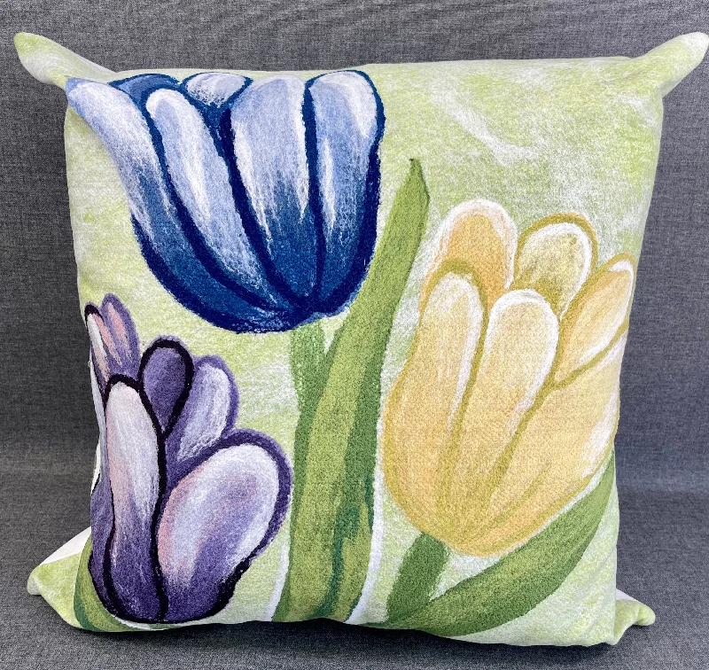 Outdoor Pillow - 18" x 18" - Garden Party; 3 Large Flowers of Blue, Yellow and Purple on a soft green background