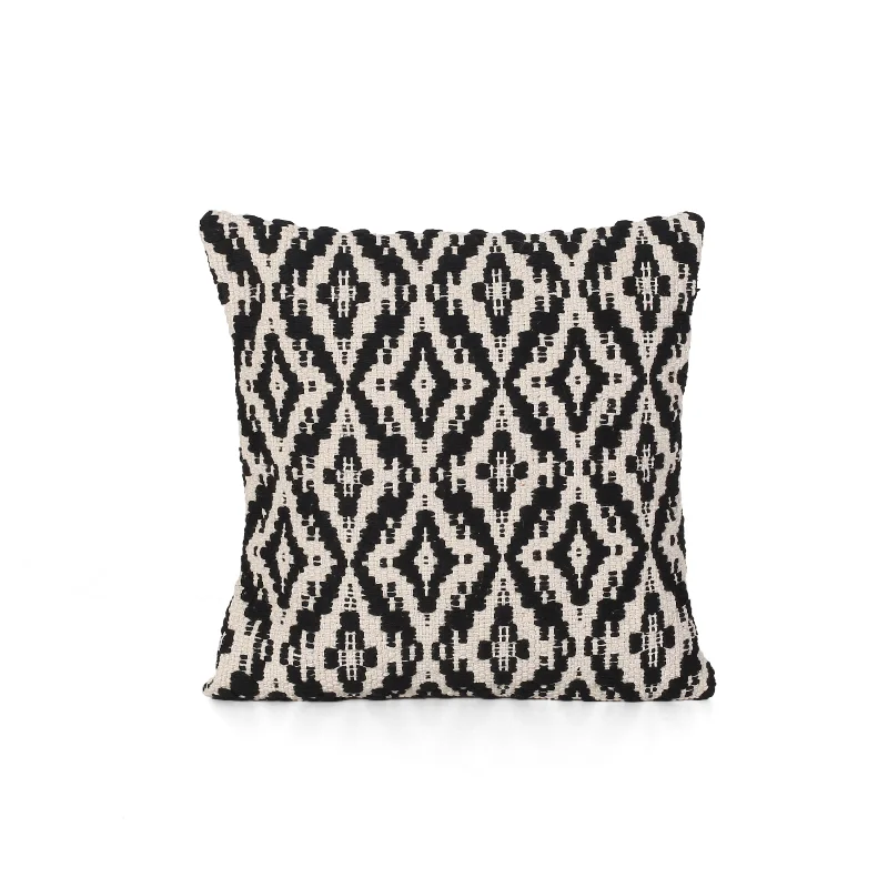 Daisy Boho Cotton Throw Pillow, Black and White