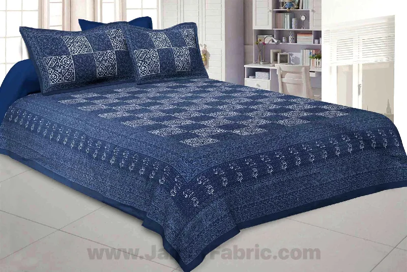 Dark Grey Check Pure Cotton Jaipuri Dabu Print Bedsheet