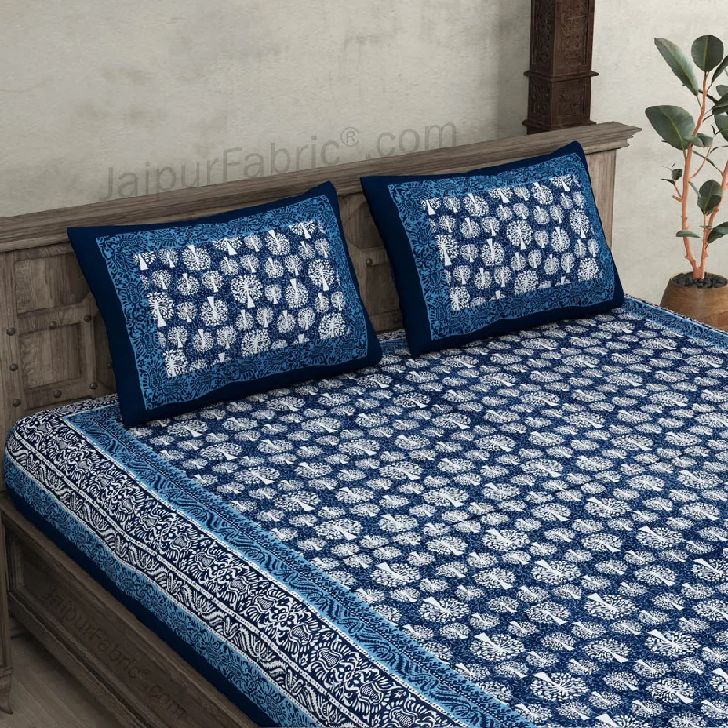 Dark Grey Palm Tree Pure Cotton Jaipuri Dabu Print Bedsheet