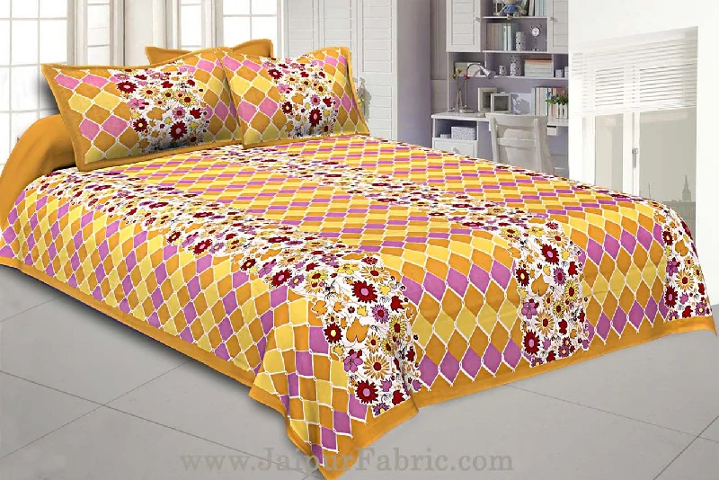 Floral Double Bedsheet Yellow border with 2 Pillow Covers