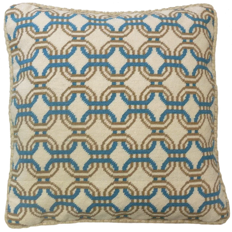 Tan & Blue Interception - Needlepoint Pillow 19x19