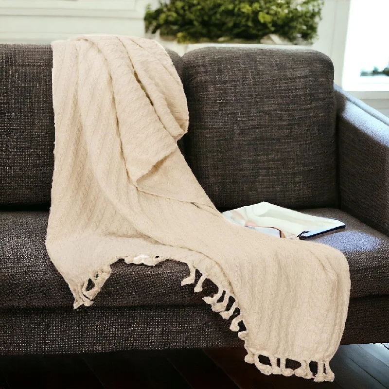 Ivory Knitted 100% Cotton Throw Blanket