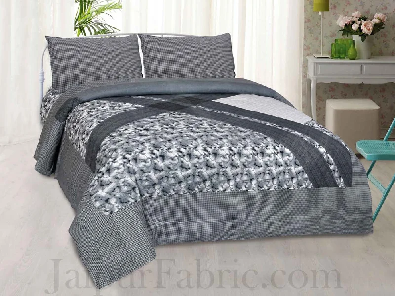 Jaipur Fabric Grey Multi Design Small Checkered Border Cotton Double Bedsheet