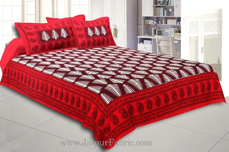 Maroon Border  Coffe  Base White Large Leaf  Cotton Double Bed Sheet