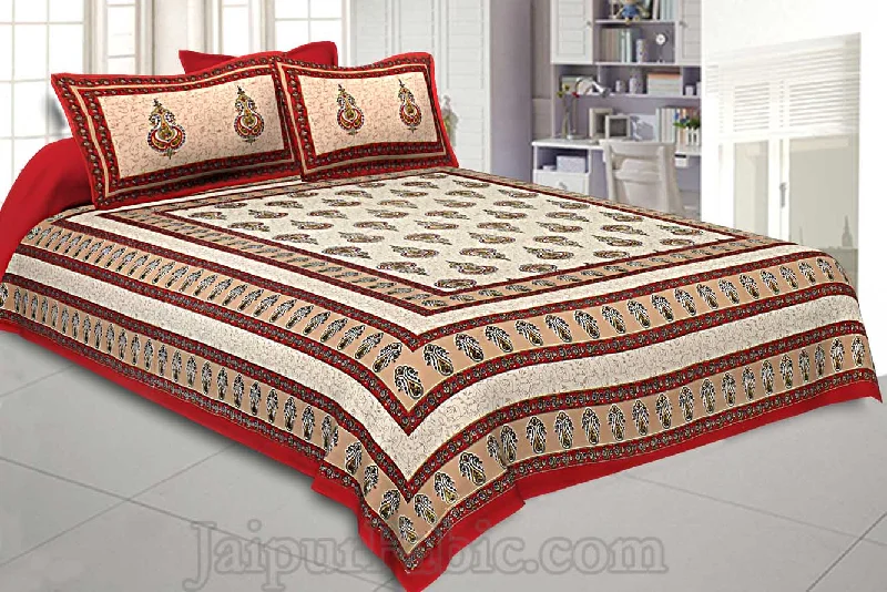 Maroon Border Cream  Base Sanganeri Print Super Fine Cotton Double Bedsheet