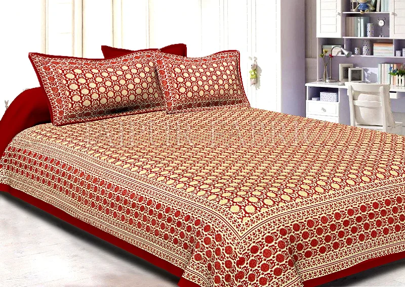 Maroon Border Cream Base Small Floral Pattern With Golden Print Super Fine Cotton Double Bedsheet