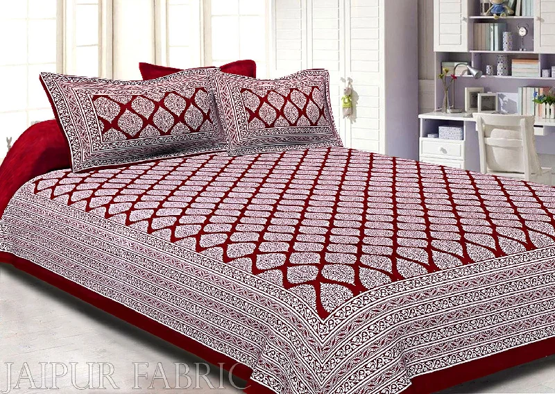 Maroon Border White Base Lahariya Print Super Fine Cotton Double Bedsheet