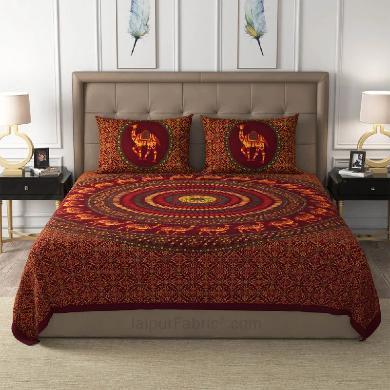 Maroon Camel Mandala Cotton Double Bedsheet