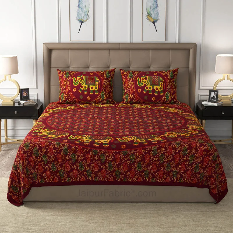 Maroon Elephant Mandala Cotton Double Bedsheet