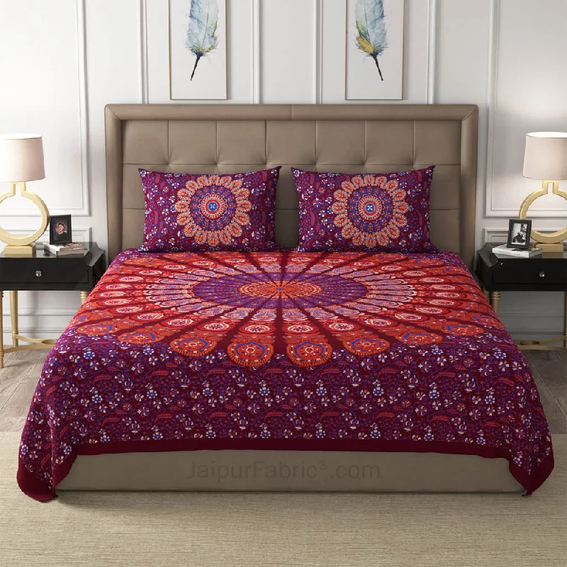 Maroon Peacock Feather Mandala Cotton Double Bedsheet