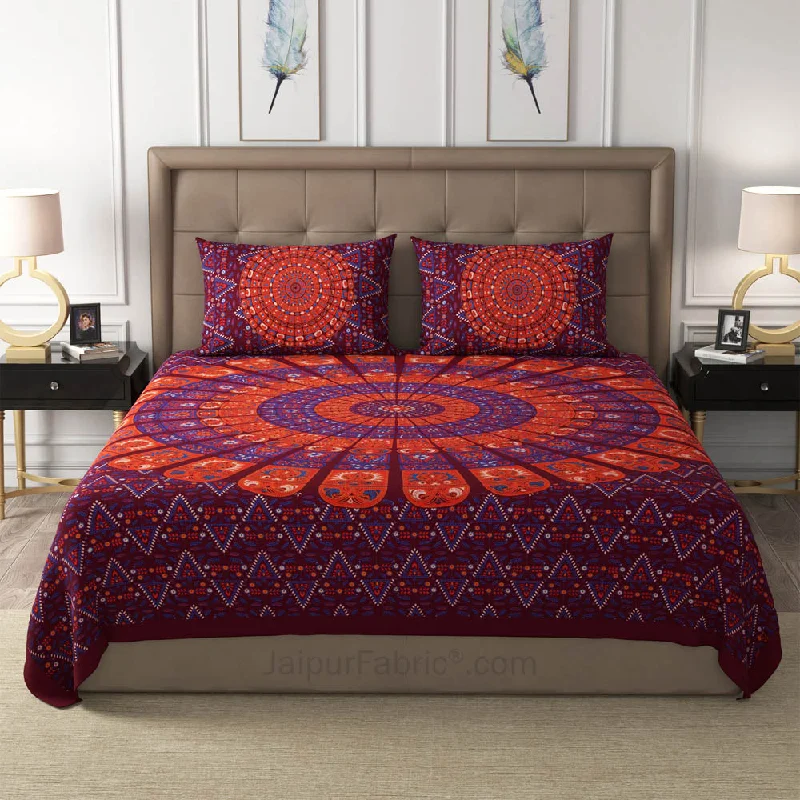 Maroon Zigzag Mandala Cotton Double Bedsheet