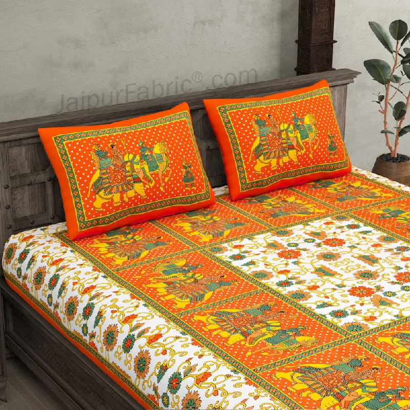 Orange Big Elephant Printed Cotton Double Bed Sheet