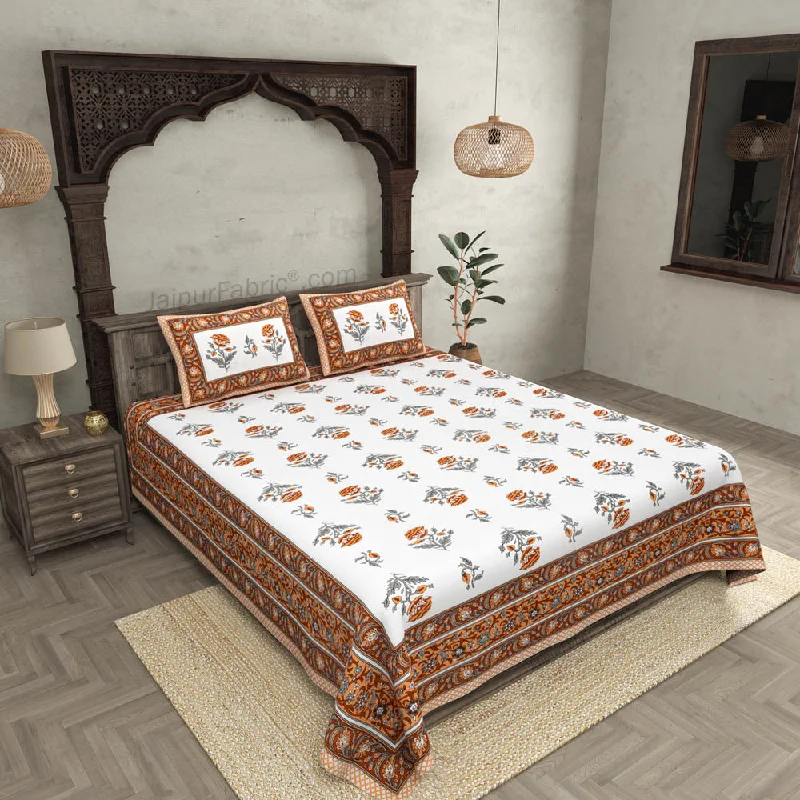 Orange Floral Allure Double Bedsheet