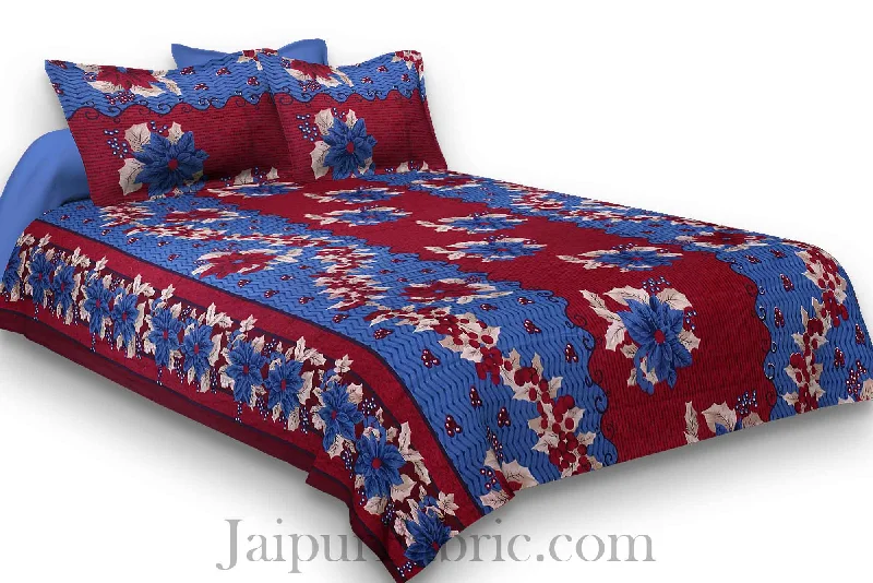 Pure Cotton Maroon and Blue Floral Jaipuri Procian Bedsheet