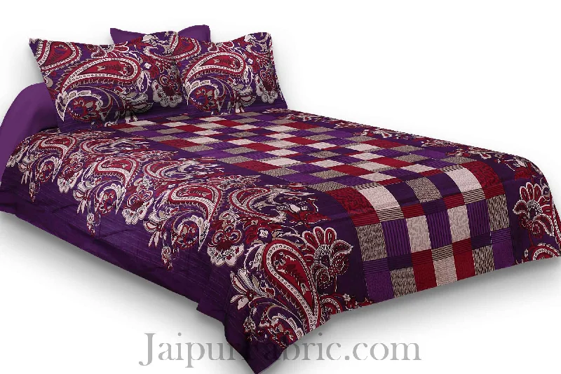 Pure Cotton Purple Checks and Paisley Floral Jaipuri Procian Bedsheet