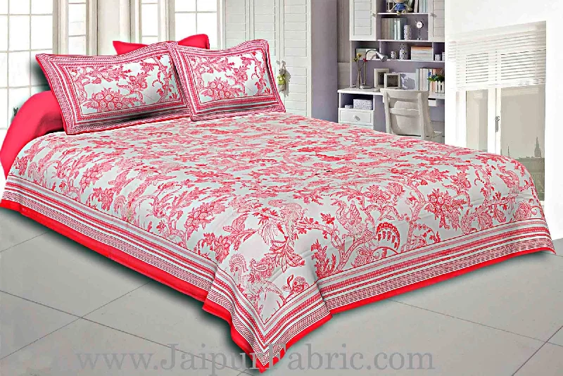 Red Border Cream Base Leaf And Floral Cotton Satin Hand Block Double Bedsheet