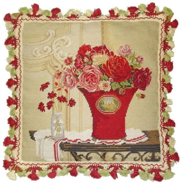 Red Flower and Red Vase - 19x 19" needlepoint pillow