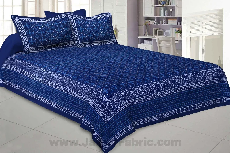 Royal Blue Retro Print Pure Cotton Jaipuri Dabu  Bedsheet