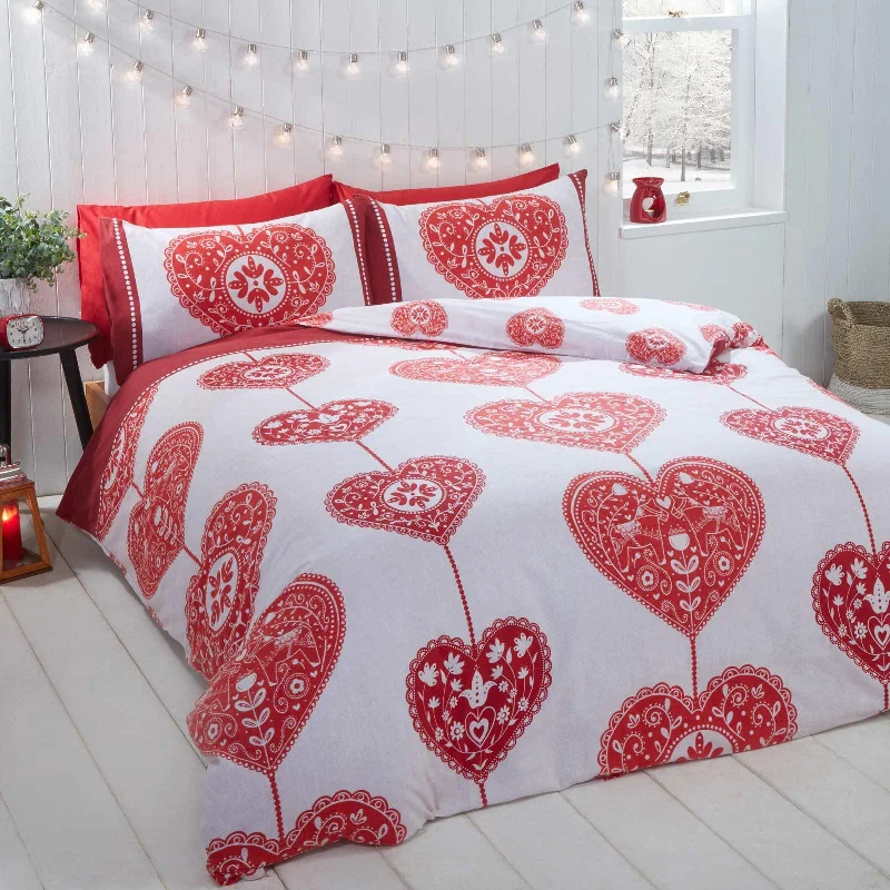 Scandi Heart Flannelette Duvet Cover Set Red