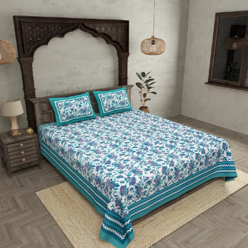 Turquoise Wavy Border and Floral Print Cotton Double Bed Sheet