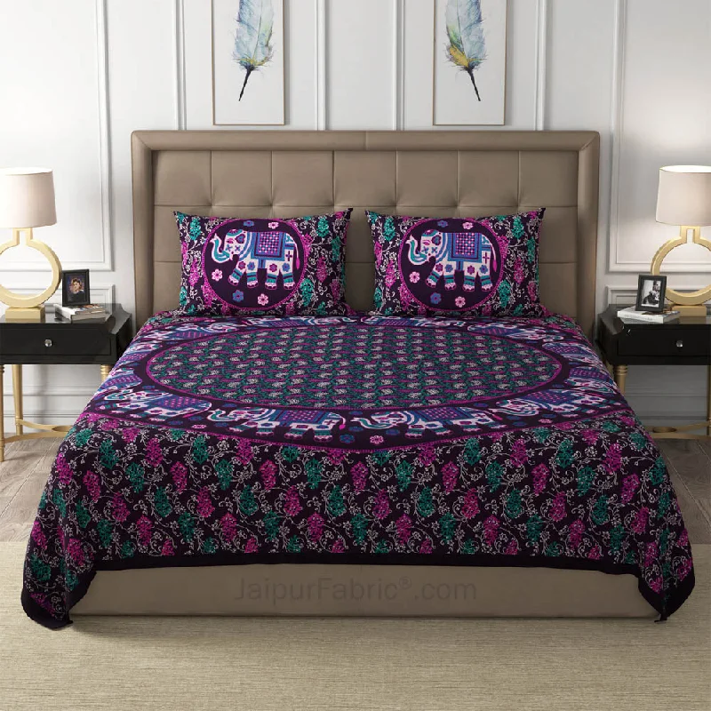 Violet Elephant Mandala Cotton Double Bedsheet