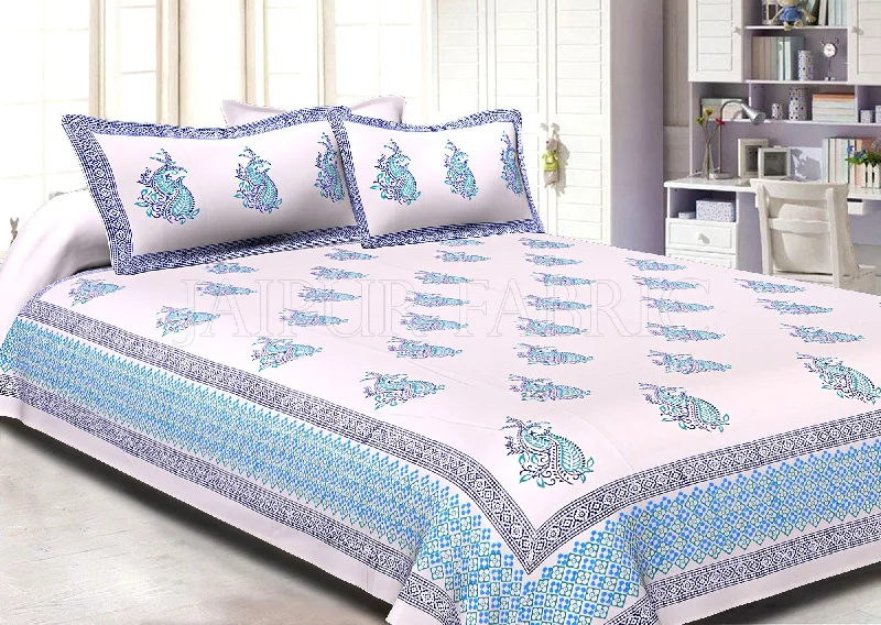 White Base Light And Dark Blue Twin Leaf Pattern Hand Block Super Fine Cotton Double Bedsheet