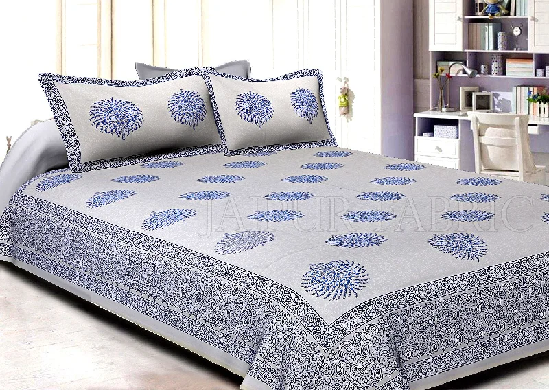 White Base With Kadi Print Blue Tree Hand Block Print Super Fine  Cotton Double Bed Sheet