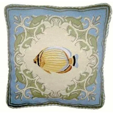 Yellow Fish in Blue - 17" x 17" needlepoint pillow