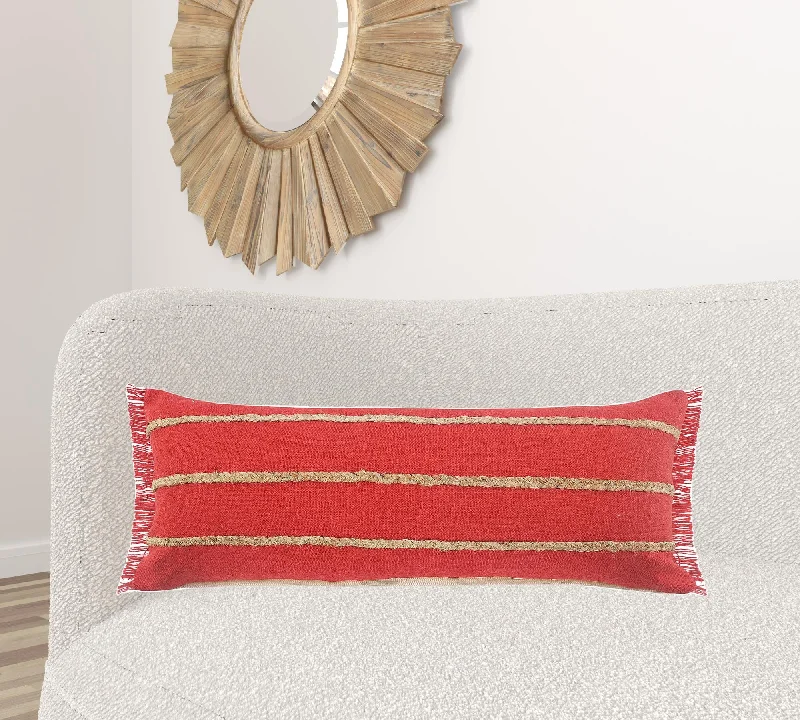 14" X 36" Red And Tan 100% Cotton Zippered Pillow