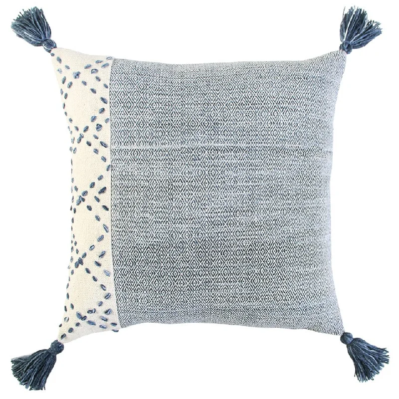 20" Blue and Ivory Herringbone Cotton Throw Pillow With Tassels