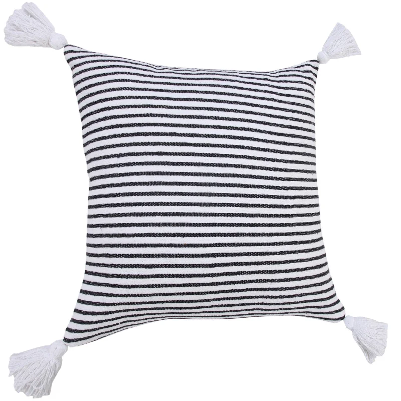 20" X 20" Black And White 100% Cotton Striped Zippered Pillow