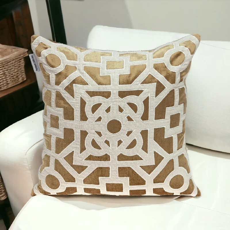 Beige and Gold Lattice Velvet Throw Pillow