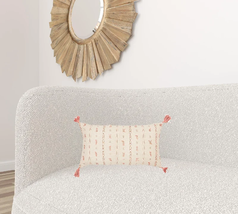 Blush Beige Tribal Inspired Tasseled Lumbar Pillow