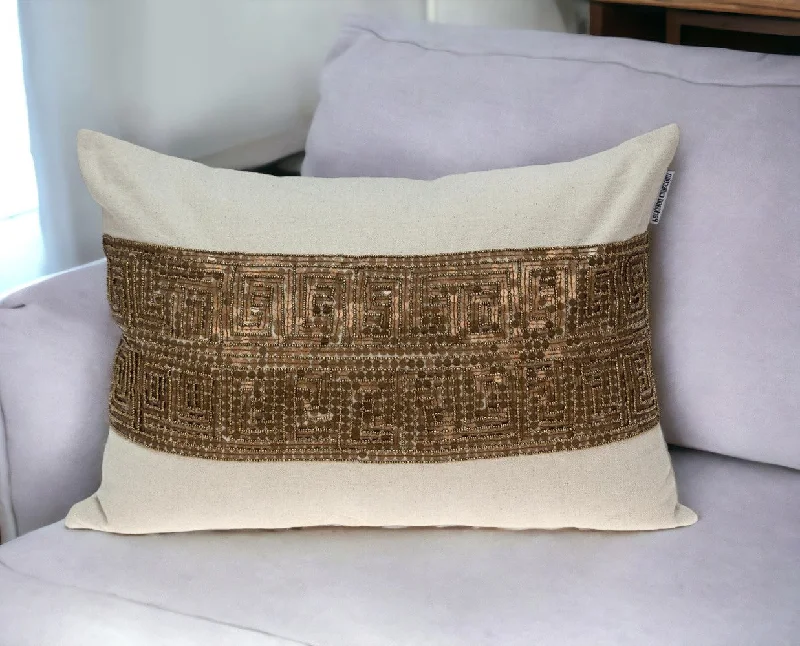 Glam Beige with Golden Sequins Lumbar Throw Pillow