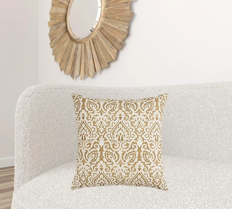 Gold White Distressed Damask Throw Pillow