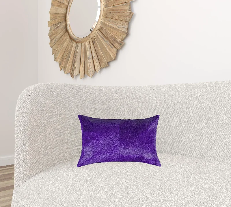 Hand Stitched Purple Natural Cowhide Decorative Lumbar Pillow