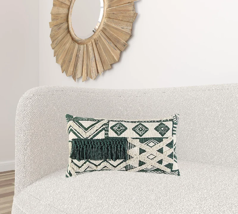 Ivory Green Geometric Boho Chic Lumbar Pillow